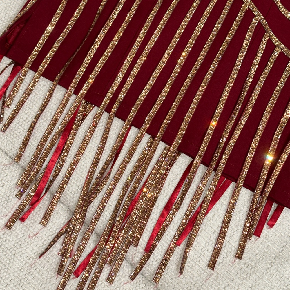 Halter Gold Burgundy Red Short Sparkle Fringe Showgirl Stage Dance Flapper Dress - Picture 2 of 12